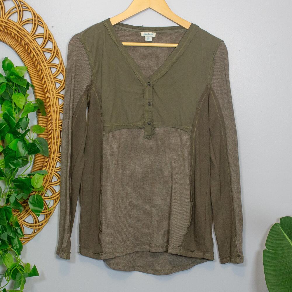 Boho Thermal Waffle Henley Long Sleeve Top Olive Green Layering XS | Soft Autumn